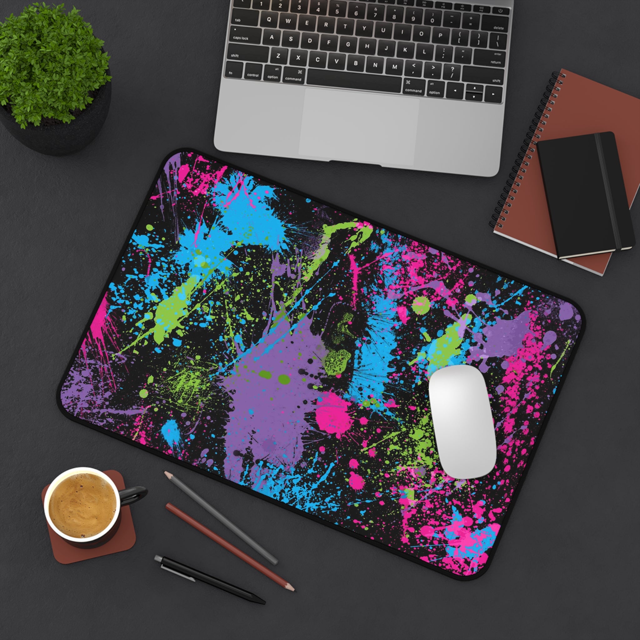 Neon Paint Splatter Desk Mat — Vibrant Gamer/Artist Mouse Pad